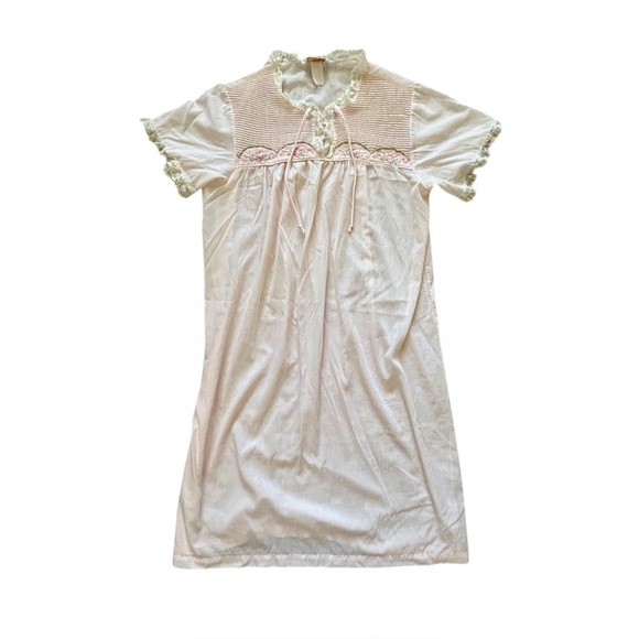 Vintage 70s Pink Cottagecore Lace Trim Shift Night Gown M - Picture 3 of 6